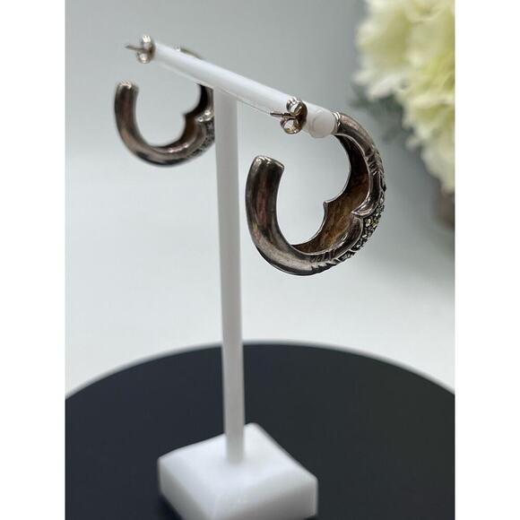 Signed 925 TH SU Vintage Marcasite Bali Inspired Sterling Silver Hoop Earrings - Picture 6 of 11